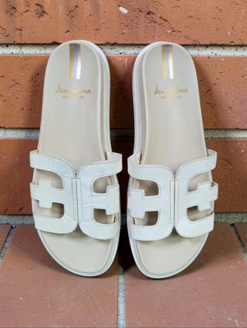 Sam Edelman Valeri Modern Ivory Leather Strap Flat Slide Sandals Womens Sz 9.5
